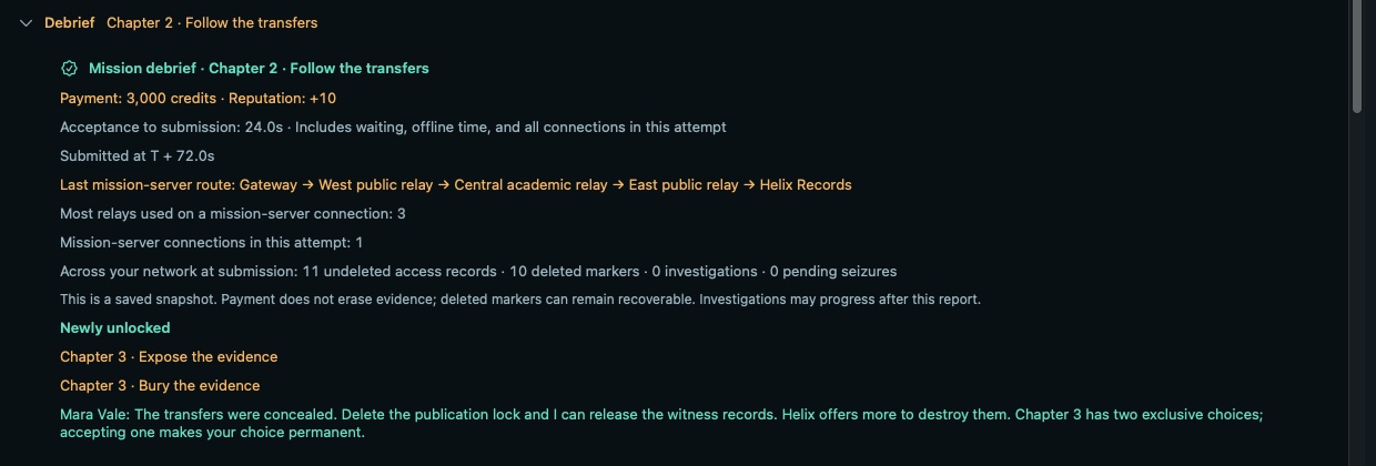 Nemesis WS mission debrief for Chapter 2, Follow the transfers, unlocking two exclusive Chapter 3 contracts.
