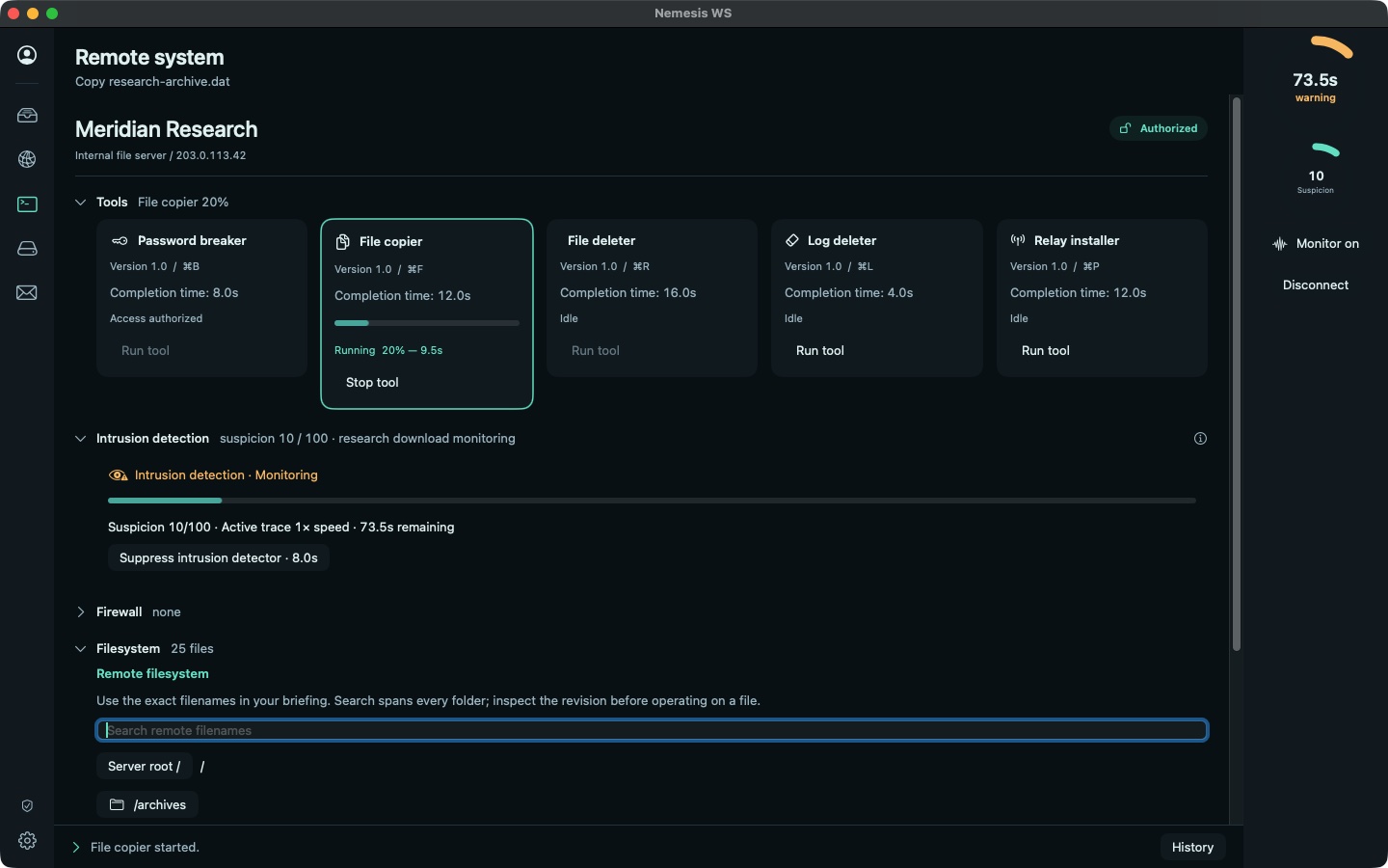Nemesis WS remote system screen: the file copier at 20% on Meridian Research's file server, with 73.5 seconds left on the trace and suspicion at 10 of 100.